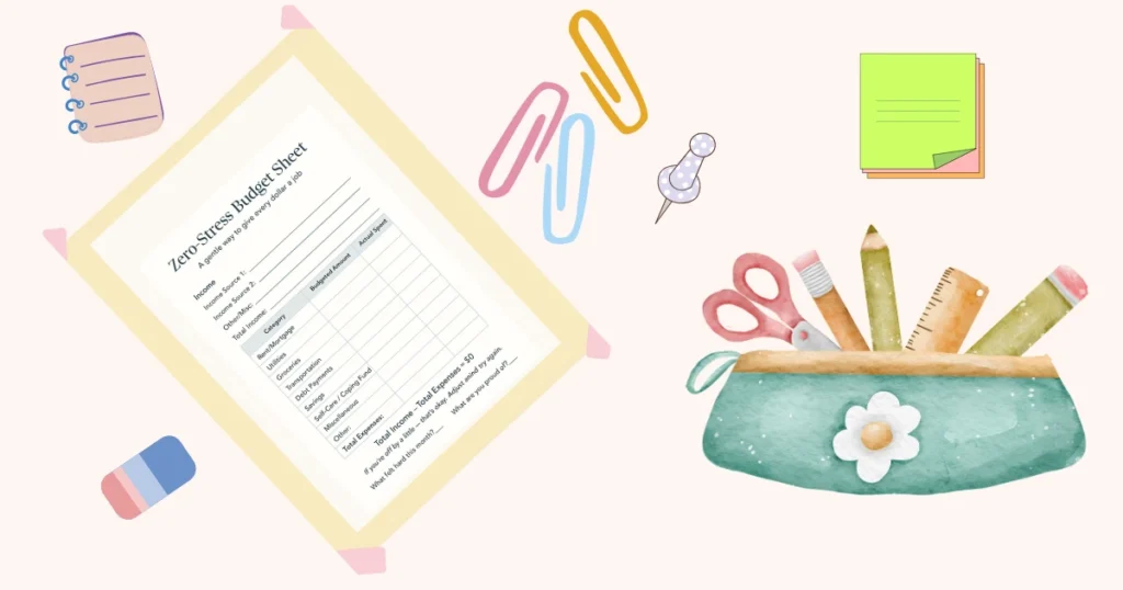 An illustrated view of the Zero-Stress Budget Sheet surrounded by soft stationery, showing a gentle and approachable way to start zero-based budgeting.